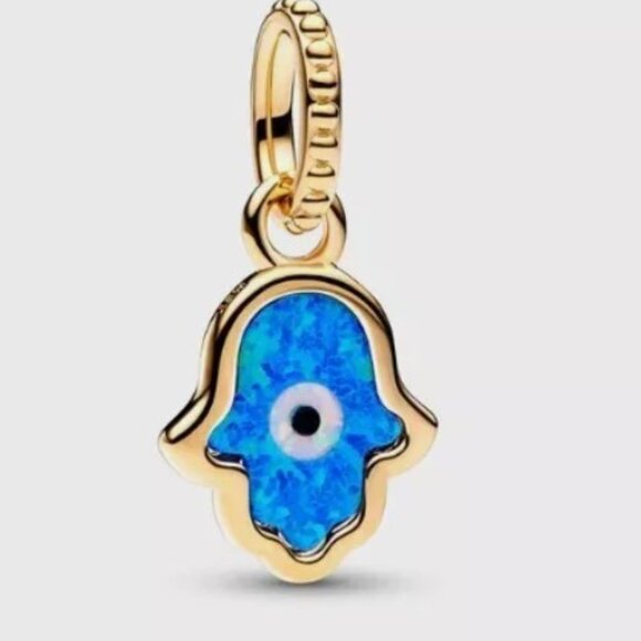 AUTH PANDORA Moments Opalescent Blue Hamsa Hand Dangle Charm 762699C01 - Picture 13 of 16